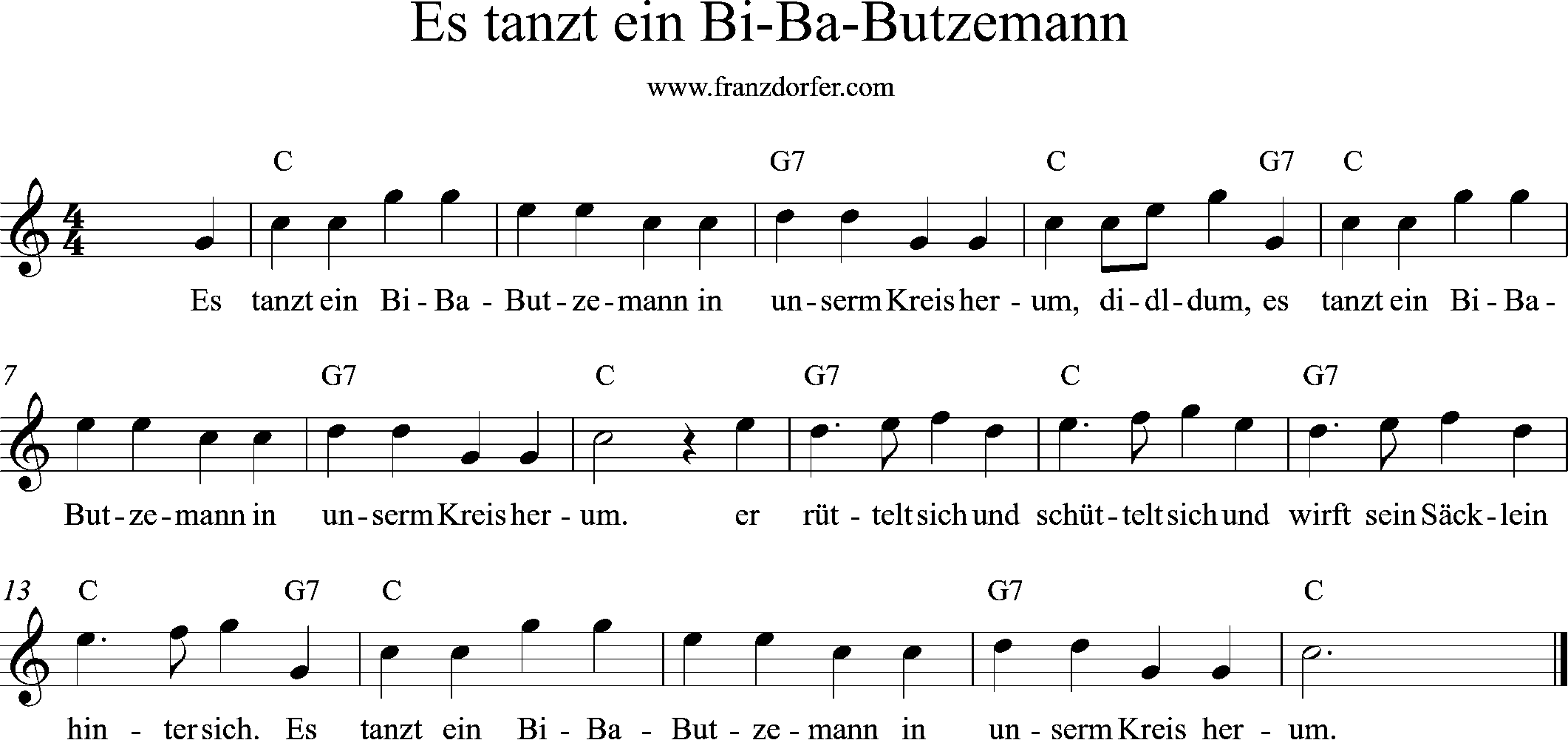 Sax Noten, C-Dur, Es tanzt ein Bi ba Butzemann